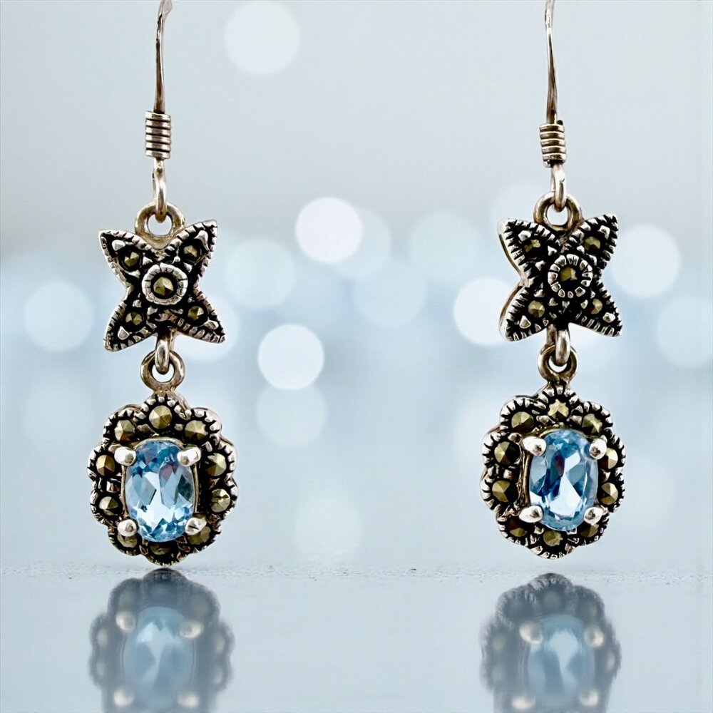 Vintage Sterling Silver Blue Topaz Marcasite Drop Earrings